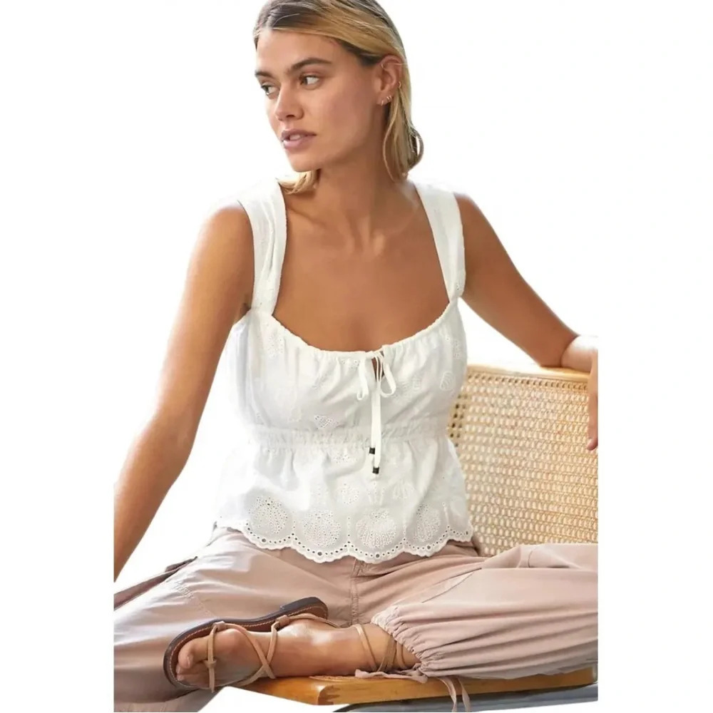 Anthropologie Maeve Seashell Shell Peplum Eyelet Tank Top White Size Small - Picture 2 of 7